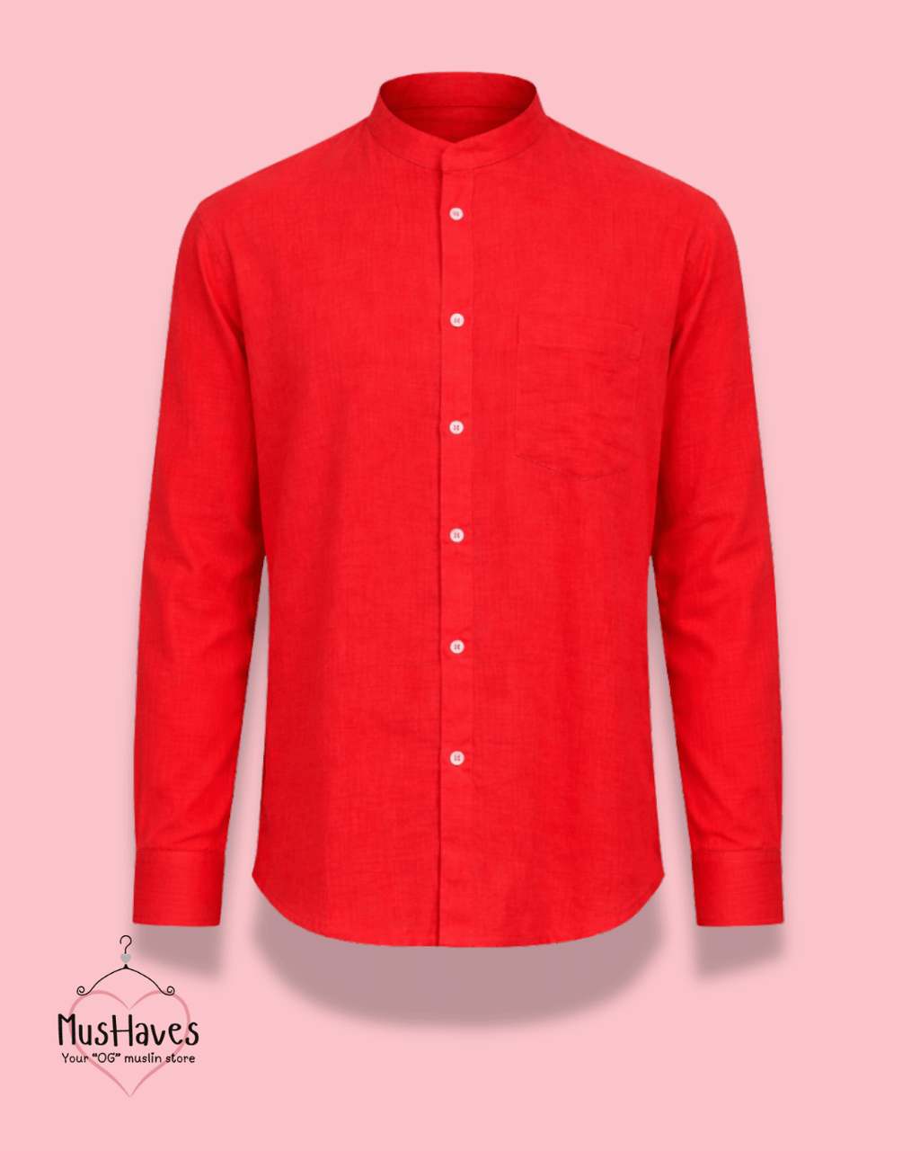 Muslin Bandhgala Formal Shirt – Bright Red