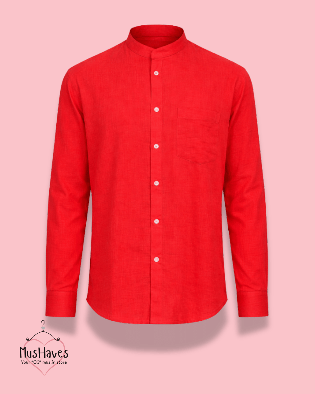 Premium Mulmul Mandarin Shirt | 100% Organic Cotton | Men | Mushaves Classic | Formal | Bright Red