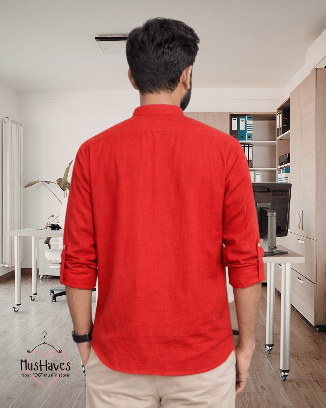 Premium Mulmul Mandarin Shirt | 100% Organic Cotton | Men | Mushaves Classic | Formal | Bright Red