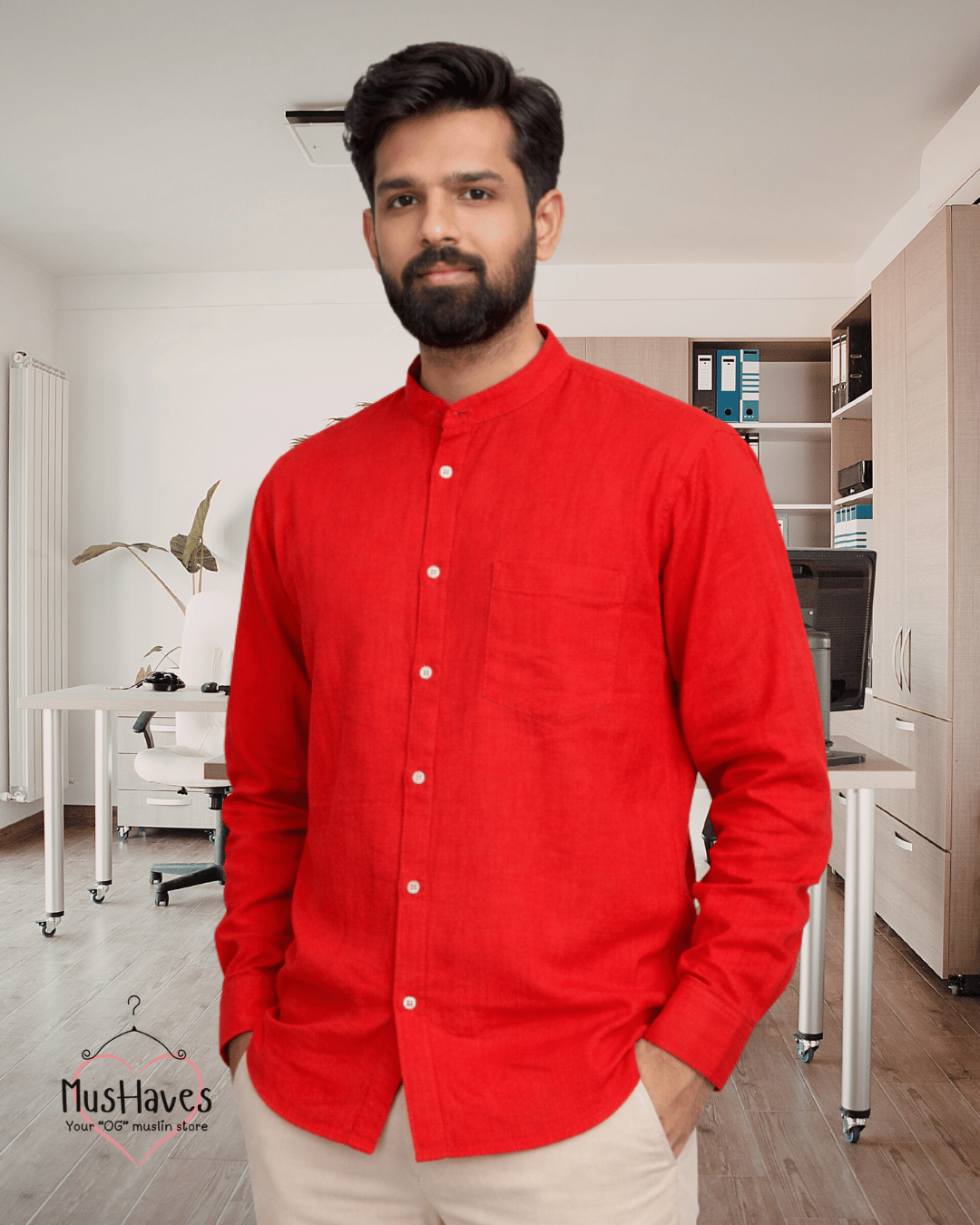 Premium Mulmul Mandarin Shirt | 100% Organic Cotton | Men | Mushaves Classic | Formal | Bright Red