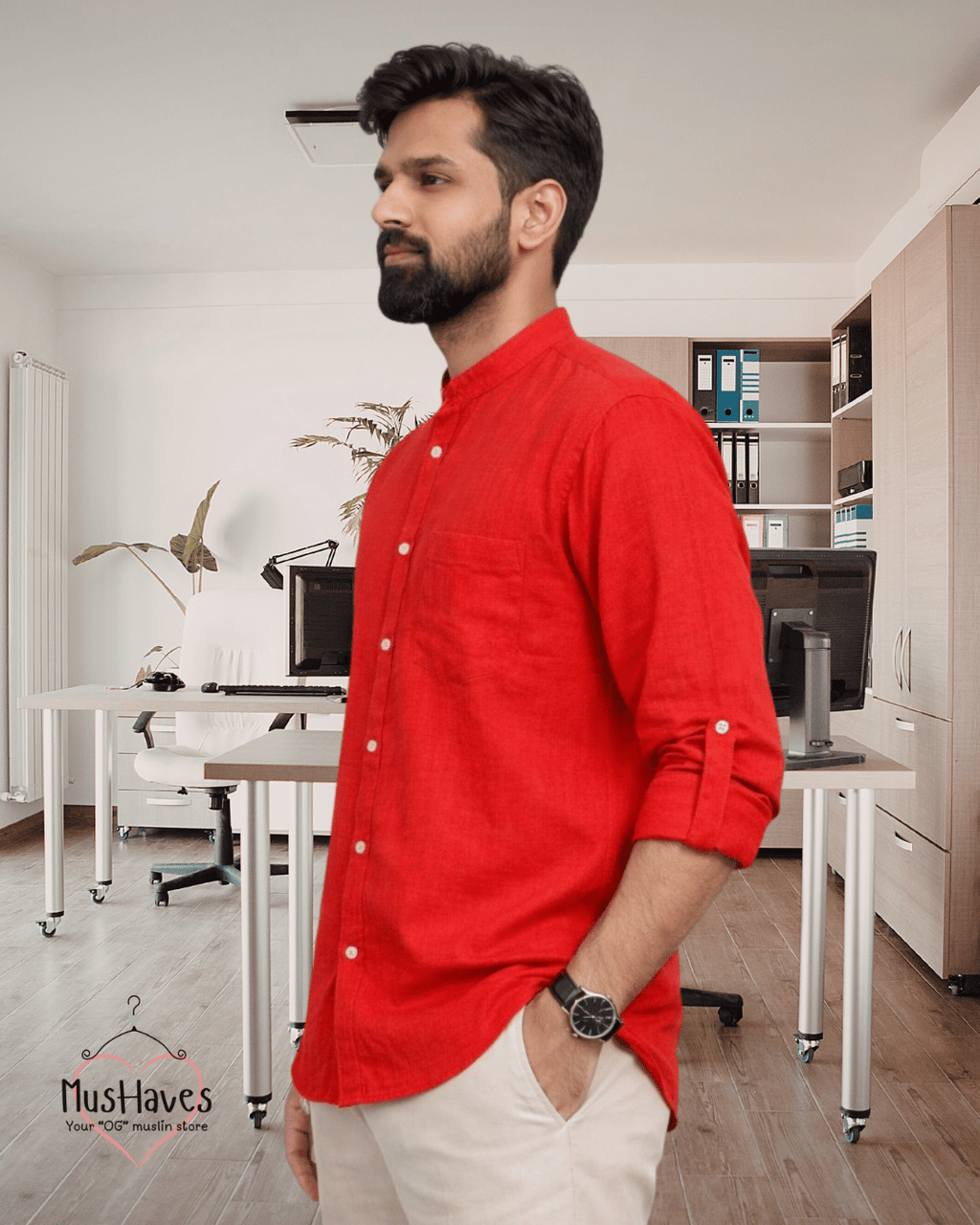Muslin Bandhgala Formal Shirt – Bright Red