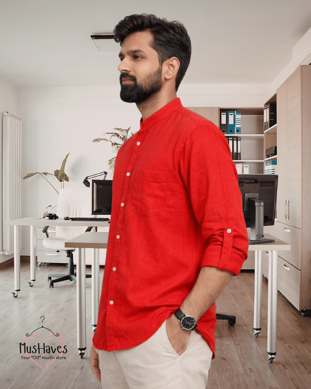 Premium Mulmul Mandarin Shirt | 100% Organic Cotton | Men | Mushaves Classic | Formal | Bright Red