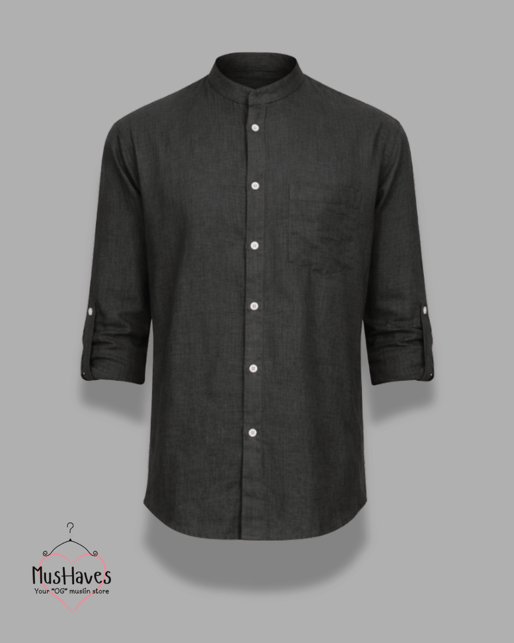 Muslin Bandhgala Formal Shirt – Charcoal Black