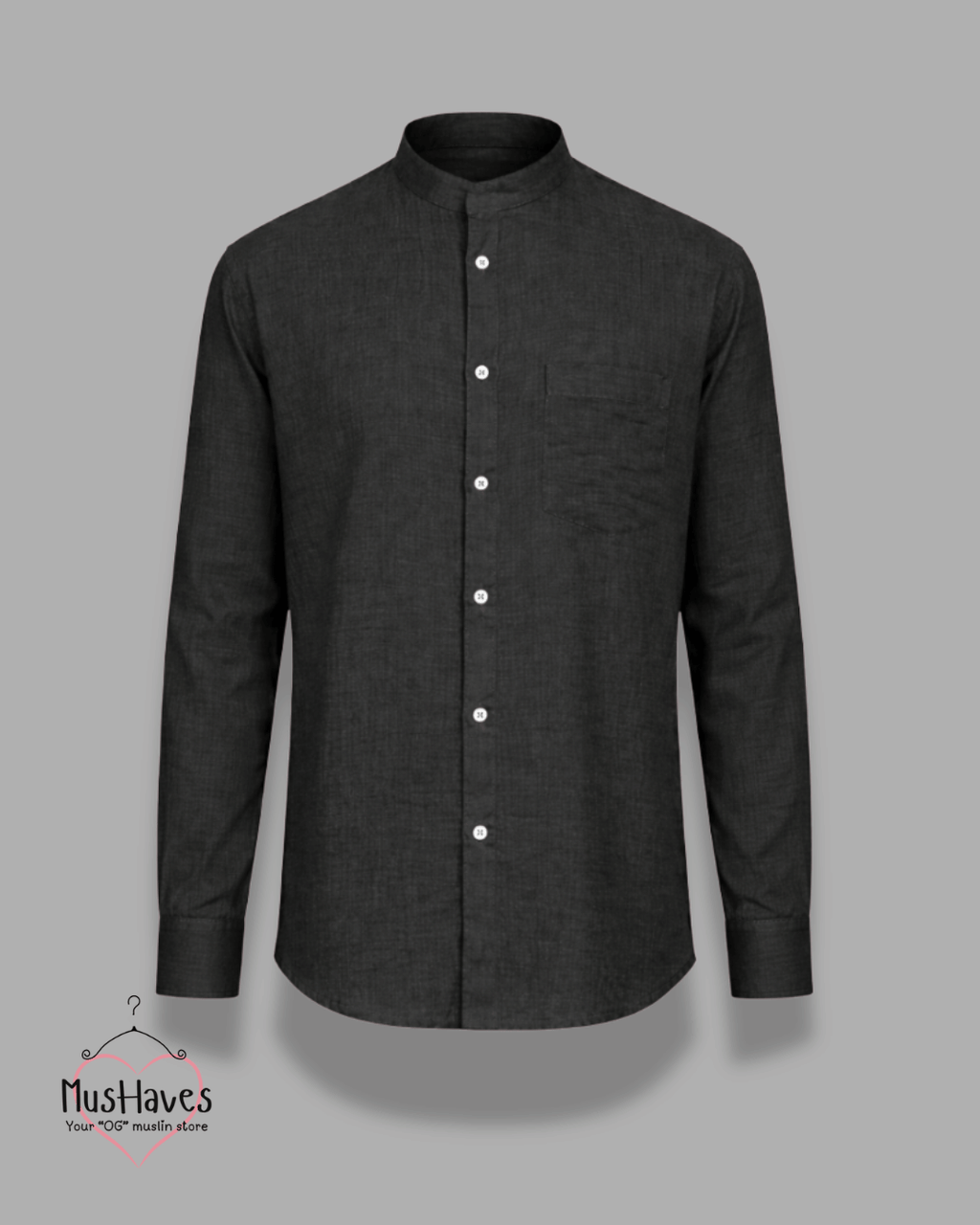 Muslin Bandhgala Formal Shirt – Charcoal Black