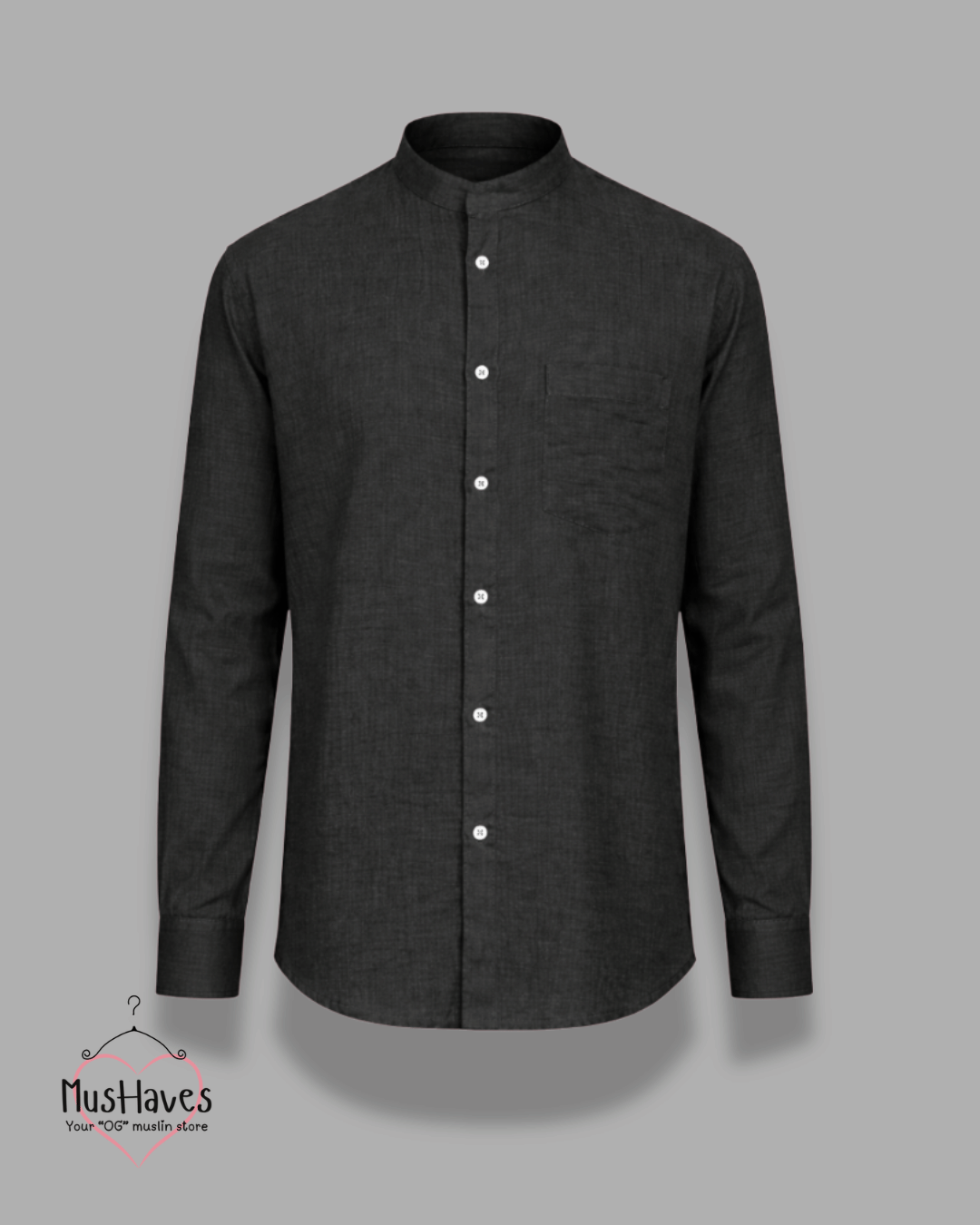 Premium Mulmul Mandarin Shirt | 100% Organic Cotton | Men | Mushaves Classic | Formal | Charcoal Black