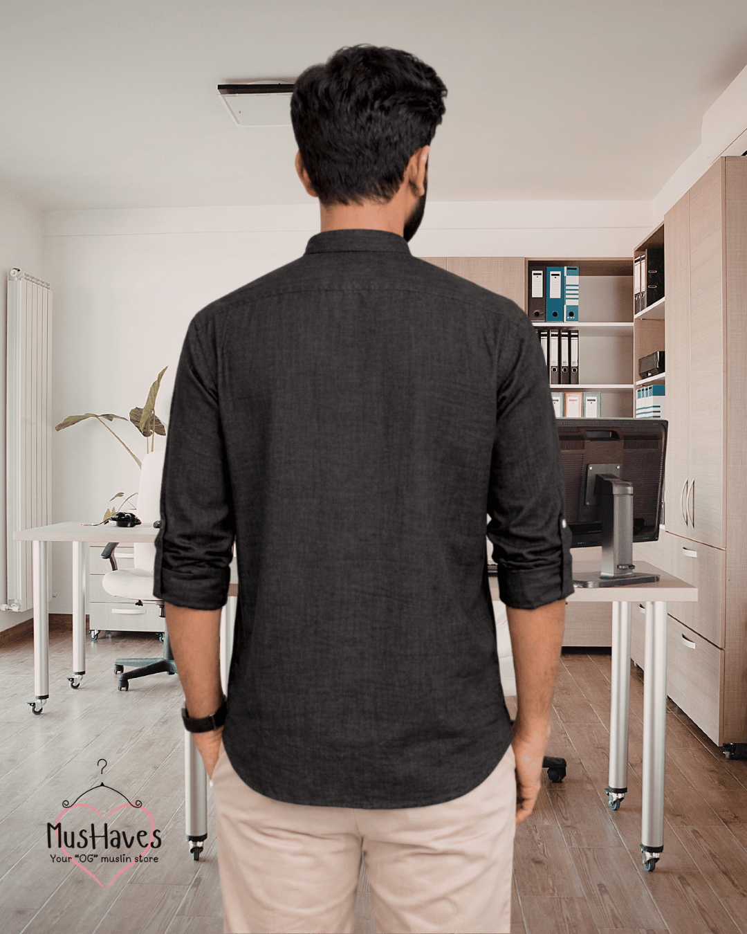 Premium Mulmul Mandarin Shirt | 100% Organic Cotton | Men | Mushaves Classic | Formal | Charcoal Black