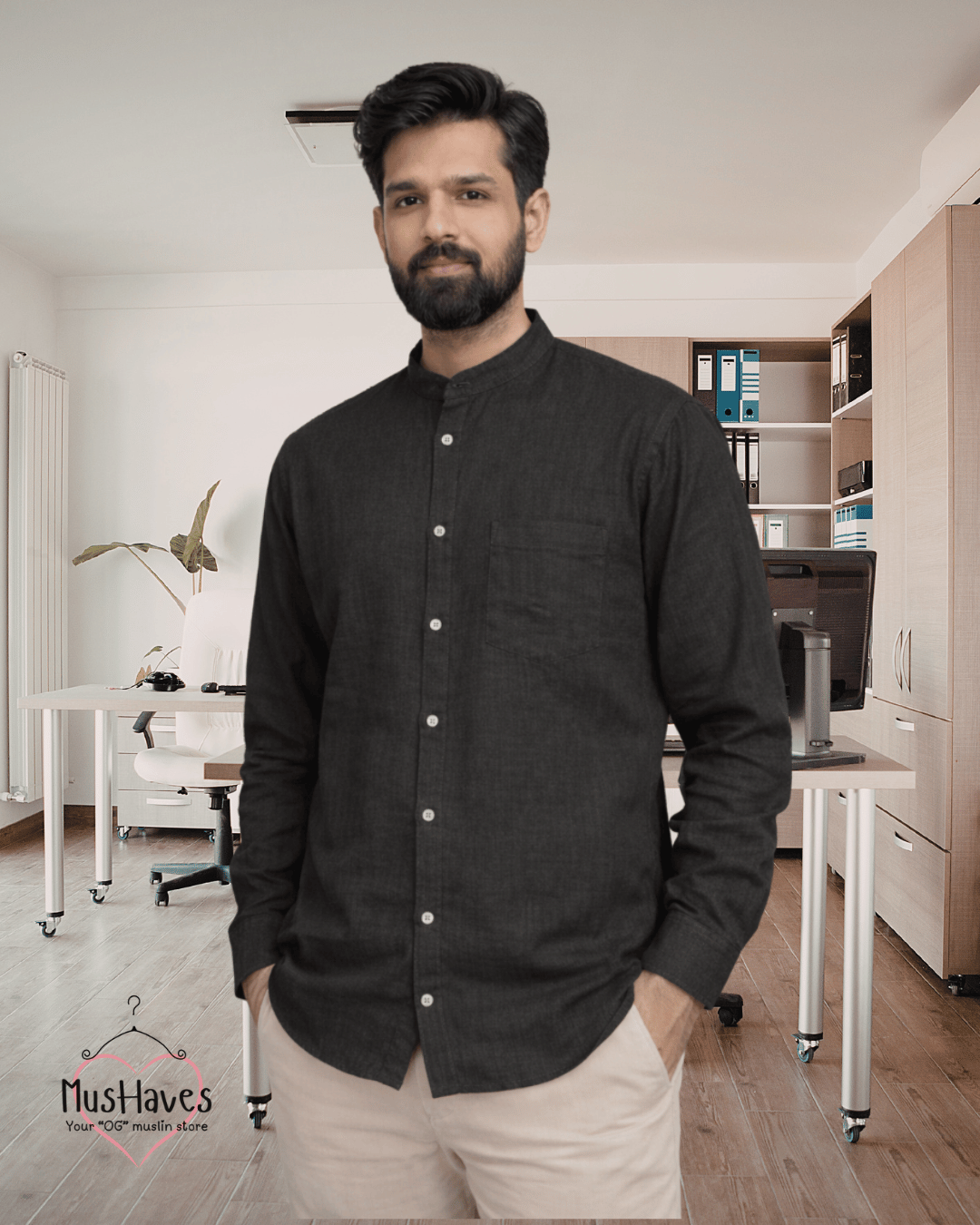 Premium Mulmul Mandarin Shirt | 100% Organic Cotton | Men | Mushaves Classic | Formal | Charcoal Black