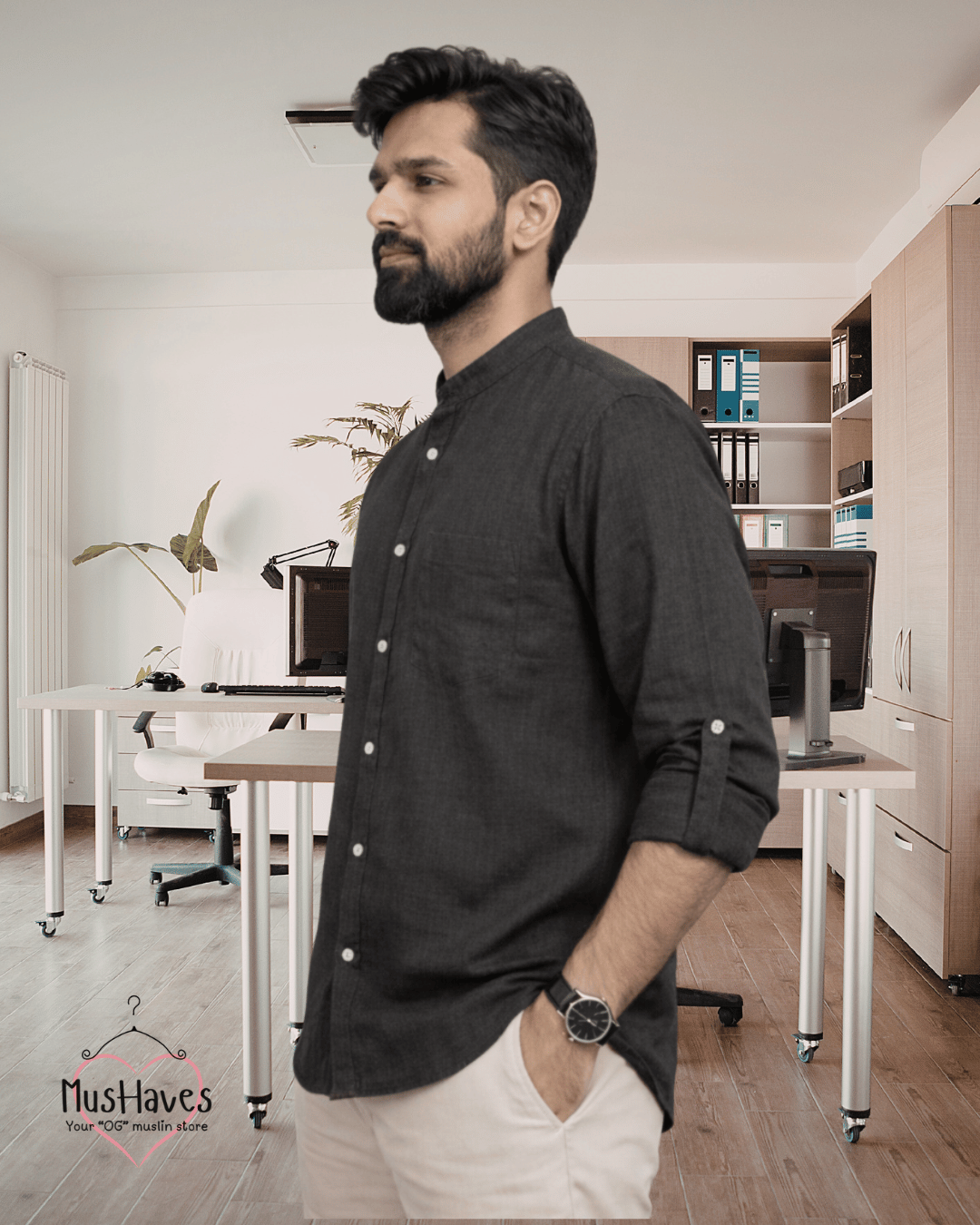 Premium Mulmul Mandarin Shirt | 100% Organic Cotton | Men | Mushaves Classic | Formal | Charcoal Black