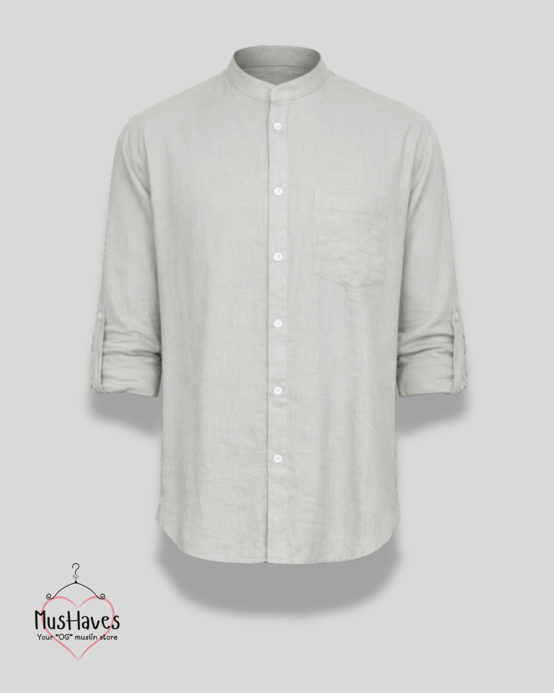 Premium Mulmul Mandarin Shirt | 100% Organic Cotton | Men | Mushaves Classic | Formal | Greenish Grey