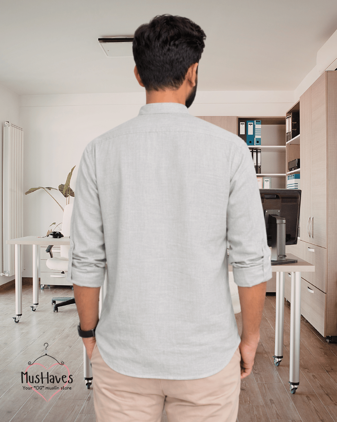 Premium Mulmul Mandarin Shirt | 100% Organic Cotton | Men | Mushaves Classic | Formal | Greenish Grey