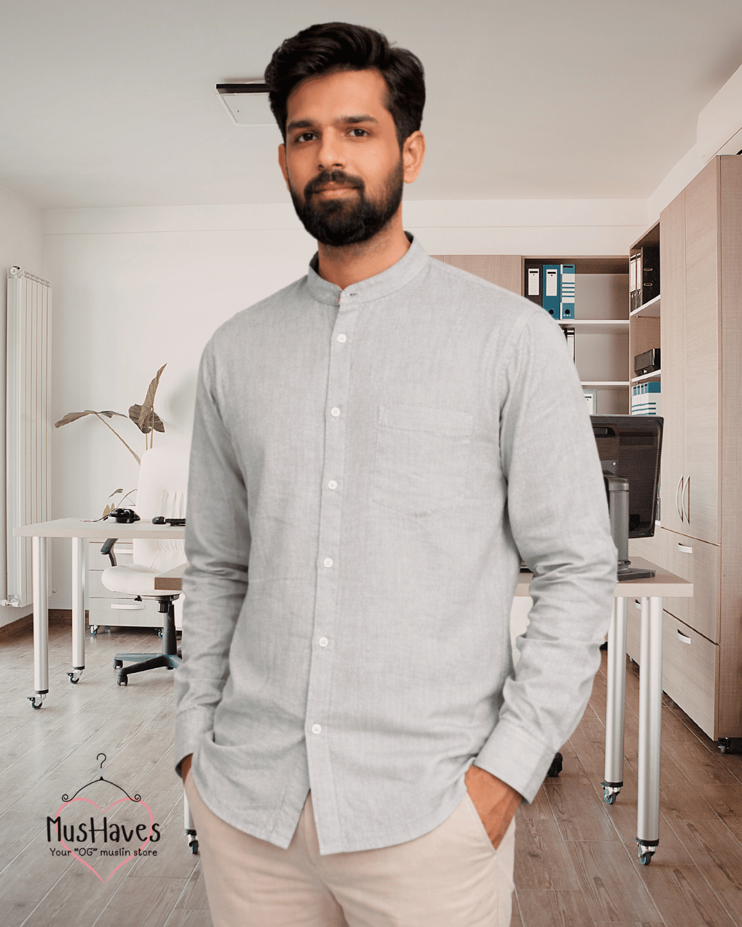Premium Mulmul Mandarin Shirt | 100% Organic Cotton | Men | Mushaves Classic | Formal | Greenish Grey