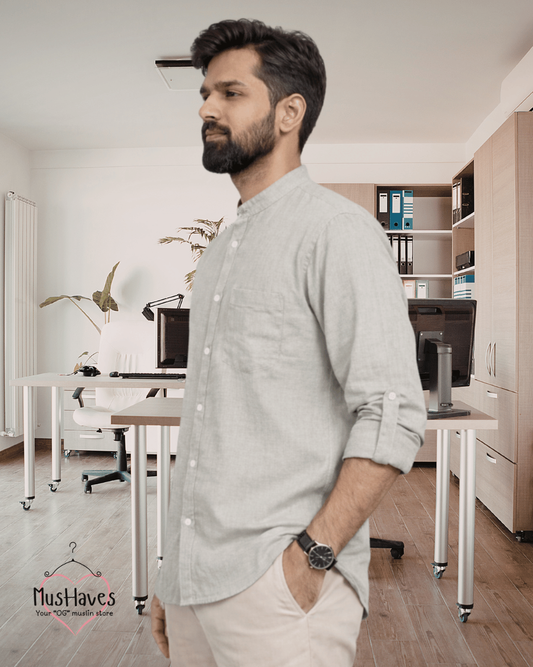 Premium Mulmul Mandarin Shirt | 100% Organic Cotton | Men | Mushaves Classic | Formal | Greenish Grey