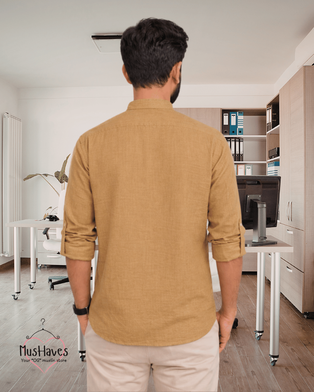 Premium Mulmul Mandarin Shirt | 100% Organic Cotton | Men | Mushaves Classic | Formal | Mustard Yellow