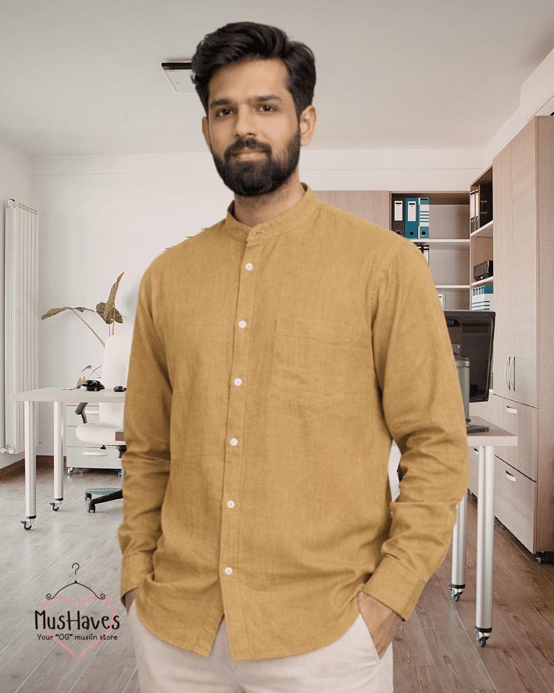Premium Mulmul Mandarin Shirt | 100% Organic Cotton | Men | Mushaves Classic | Formal | Mustard Yellow