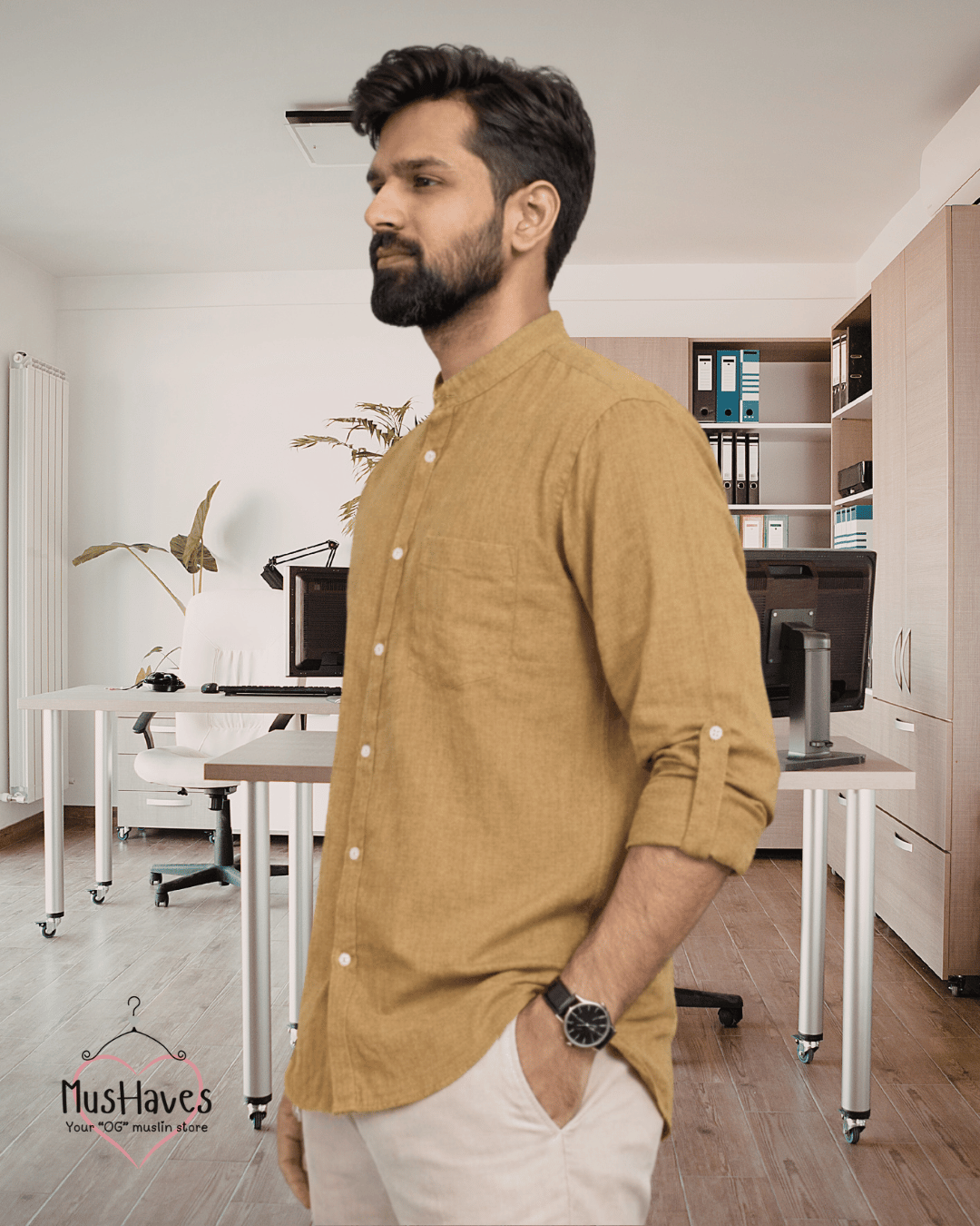 Premium Mulmul Mandarin Shirt | 100% Organic Cotton | Men | Mushaves Classic | Formal | Mustard Yellow