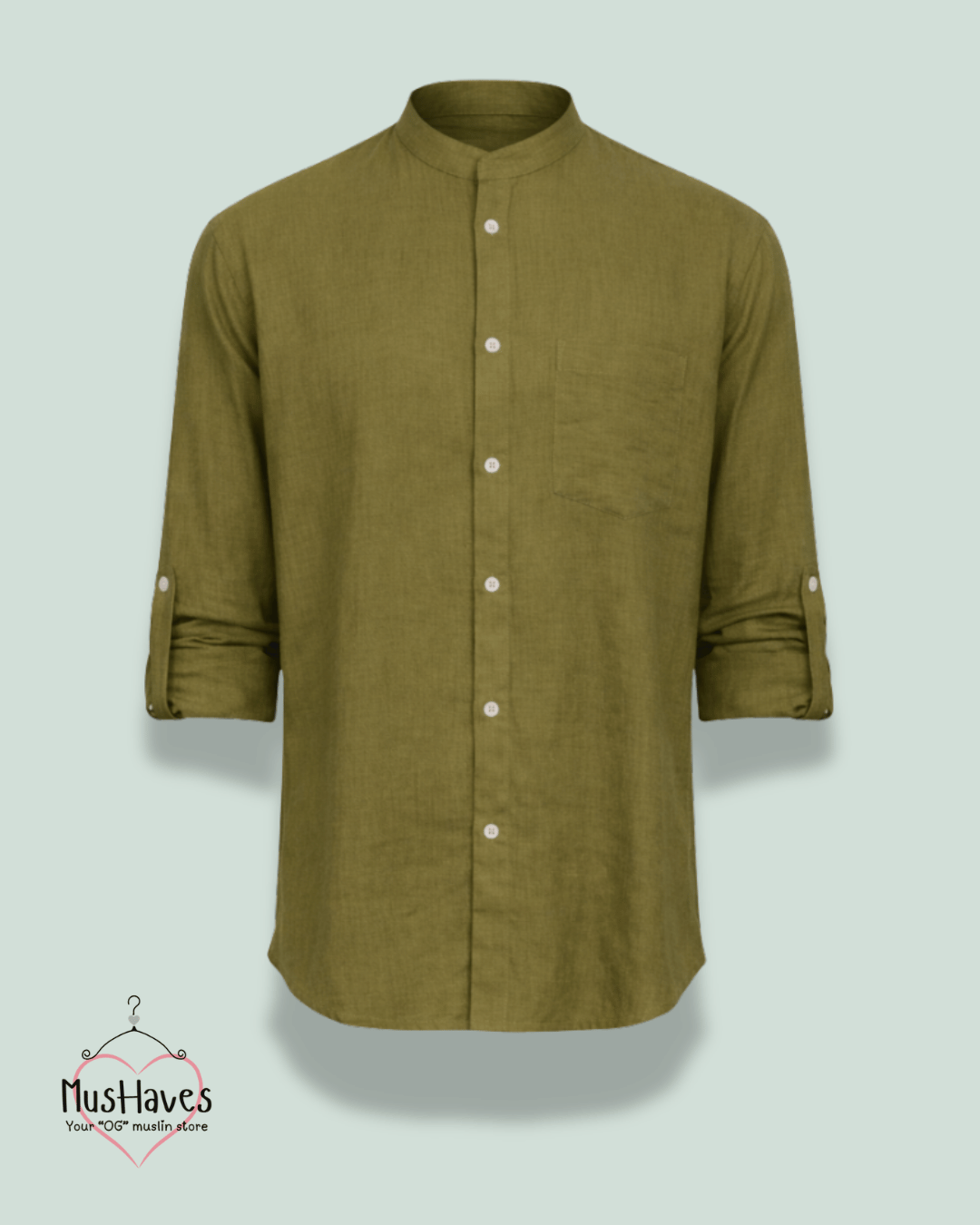 Premium Mulmul Mandarin Shirt | 100% Organic Cotton | Men | Mushaves Classic | Formal | Olive Green