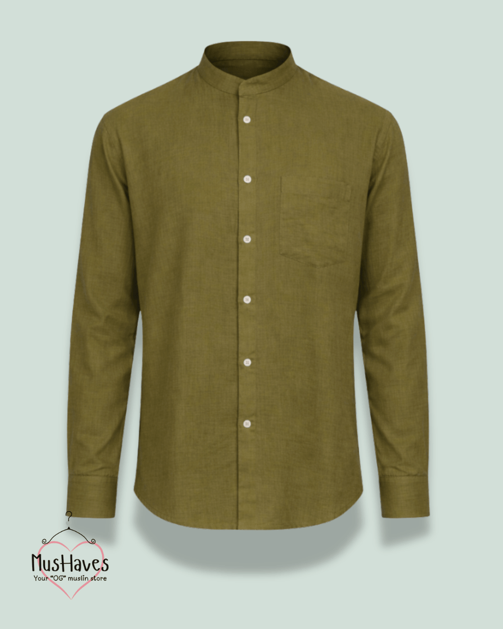 Muslin Bandhgala Formal Shirt – Olive Green