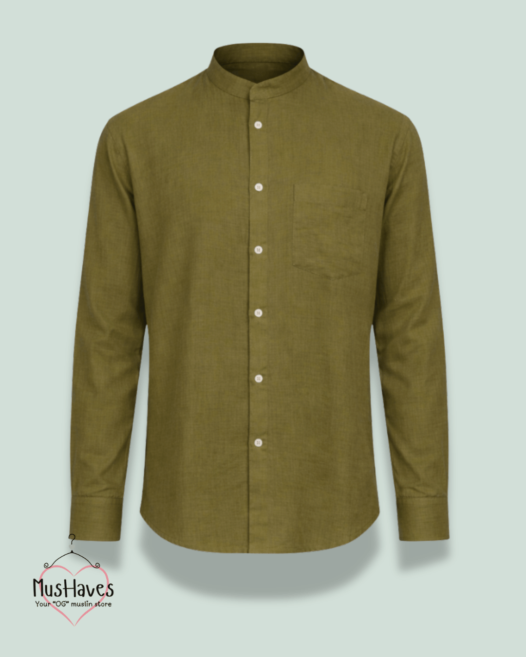 Premium Mulmul Mandarin Shirt | 100% Organic Cotton | Men | Mushaves Classic | Formal | Olive Green