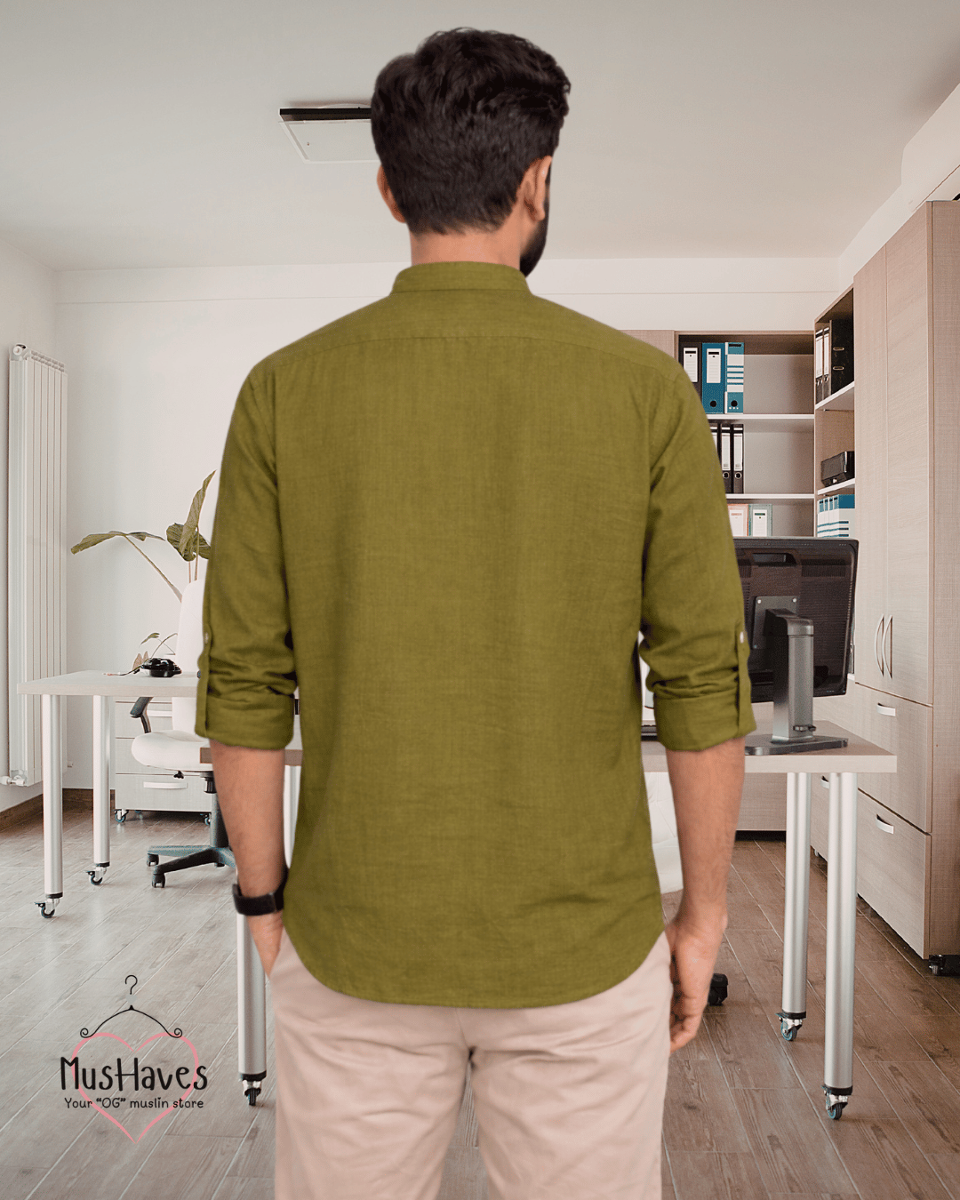 Premium Mulmul Mandarin Shirt | 100% Organic Cotton | Men | Mushaves Classic | Formal | Olive Green