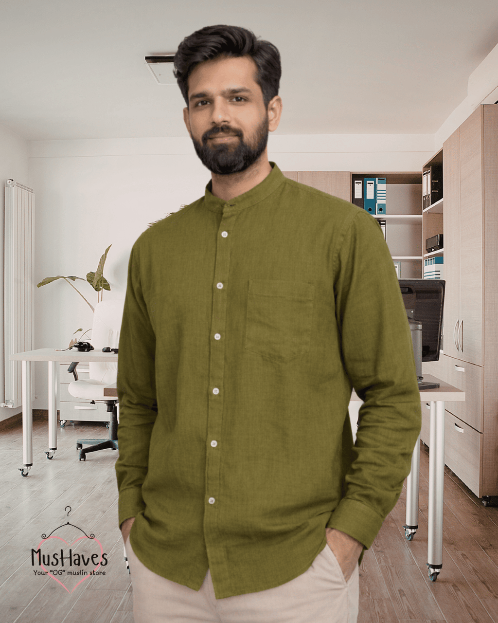 Muslin Bandhgala Formal Shirt – Olive Green