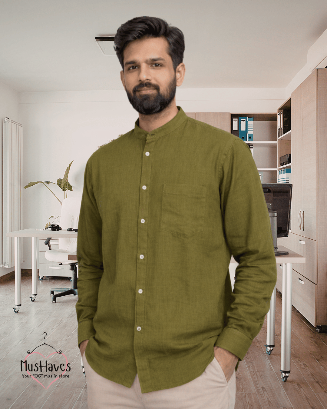 Premium Mulmul Mandarin Shirt | 100% Organic Cotton | Men | Mushaves Classic | Formal | Olive Green