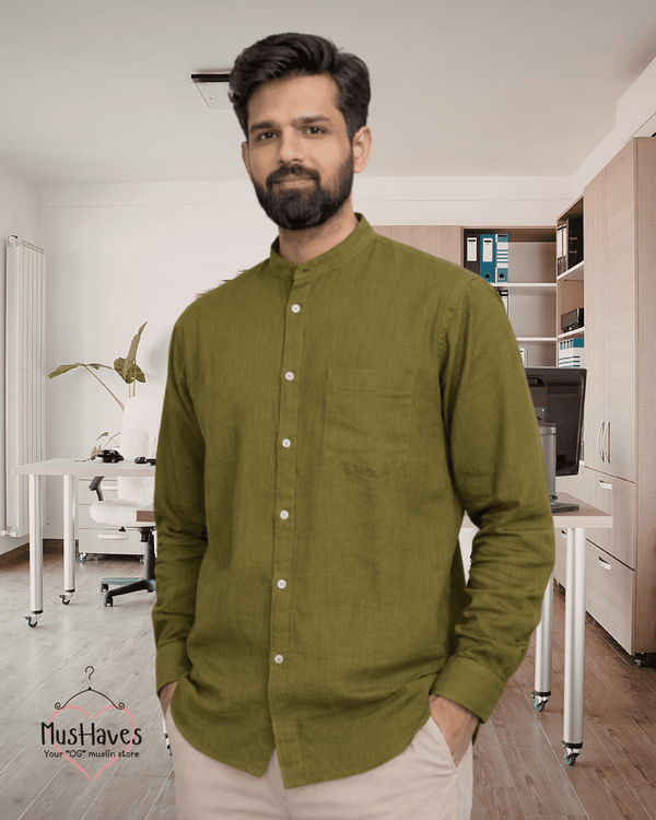 Muslin Bandhgala Formal Shirt – Olive Green