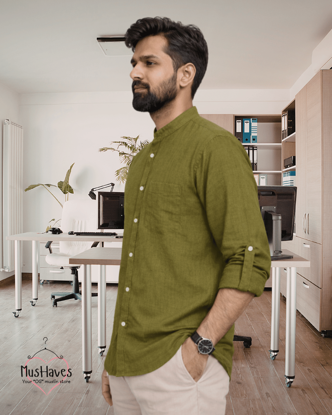 Premium Mulmul Mandarin Shirt | 100% Organic Cotton | Men | Mushaves Classic | Formal | Olive Green