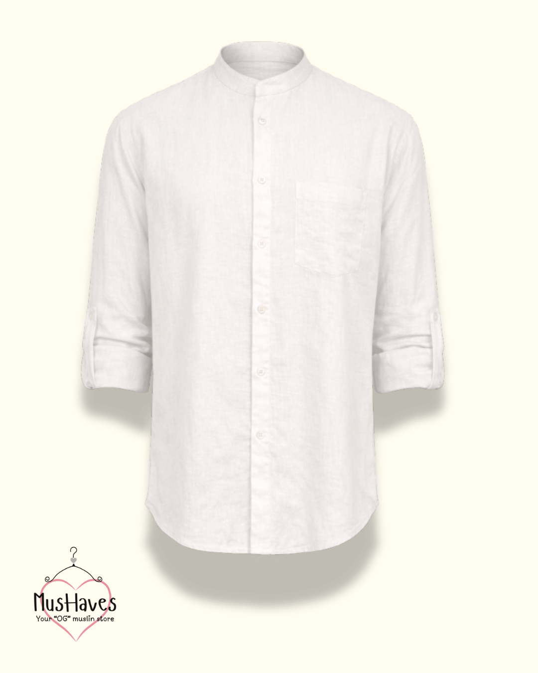 Premium Mulmul Mandarin Shirt | 100% Organic Cotton | Men | Mushaves Classic | Formal | Pearl White