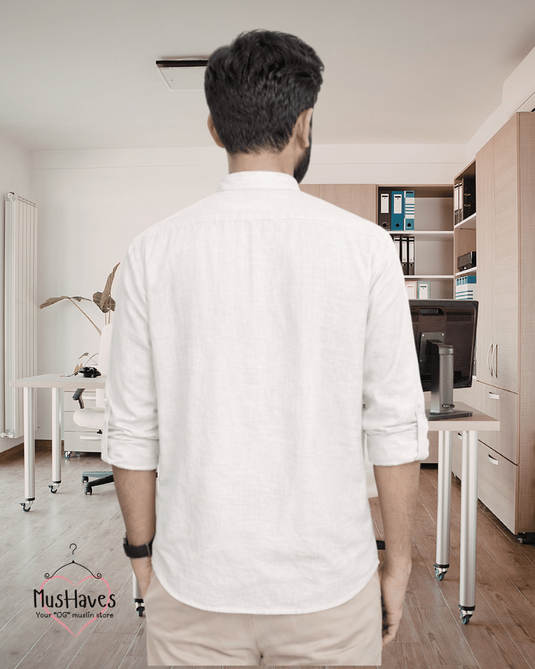 Premium Mulmul Mandarin Shirt | 100% Organic Cotton | Men | Mushaves Classic | Formal | Pearl White