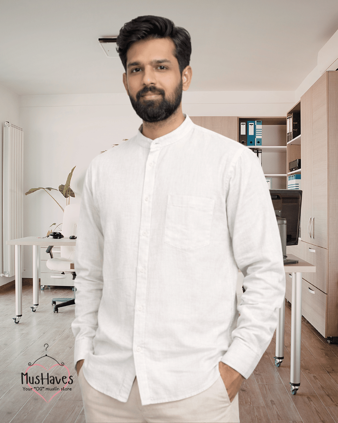 Premium Mulmul Mandarin Shirt | 100% Organic Cotton | Men | Mushaves Classic | Formal | Pearl White