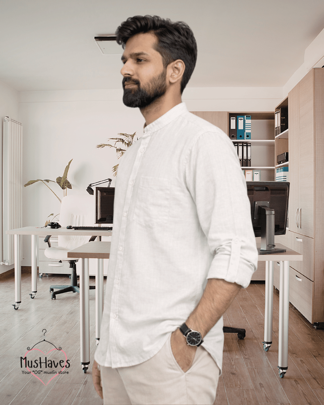 Premium Mulmul Mandarin Shirt | 100% Organic Cotton | Men | Mushaves Classic | Formal | Pearl White