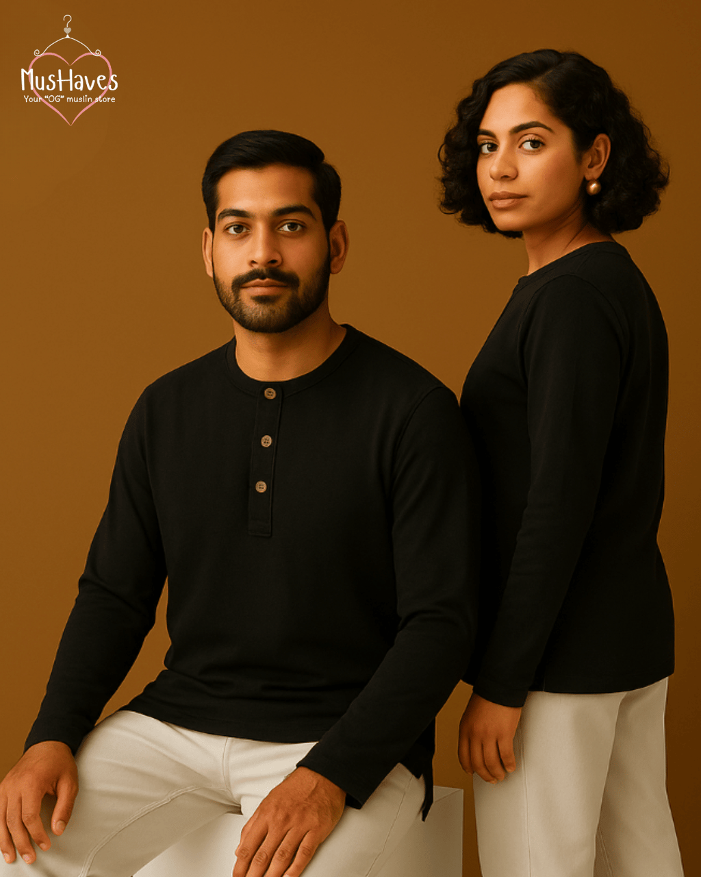 Premium Mulmul Muslin Henley Tee | 100% Organic Cotton | Unisex | Mushaves Classic | Charcoal Black