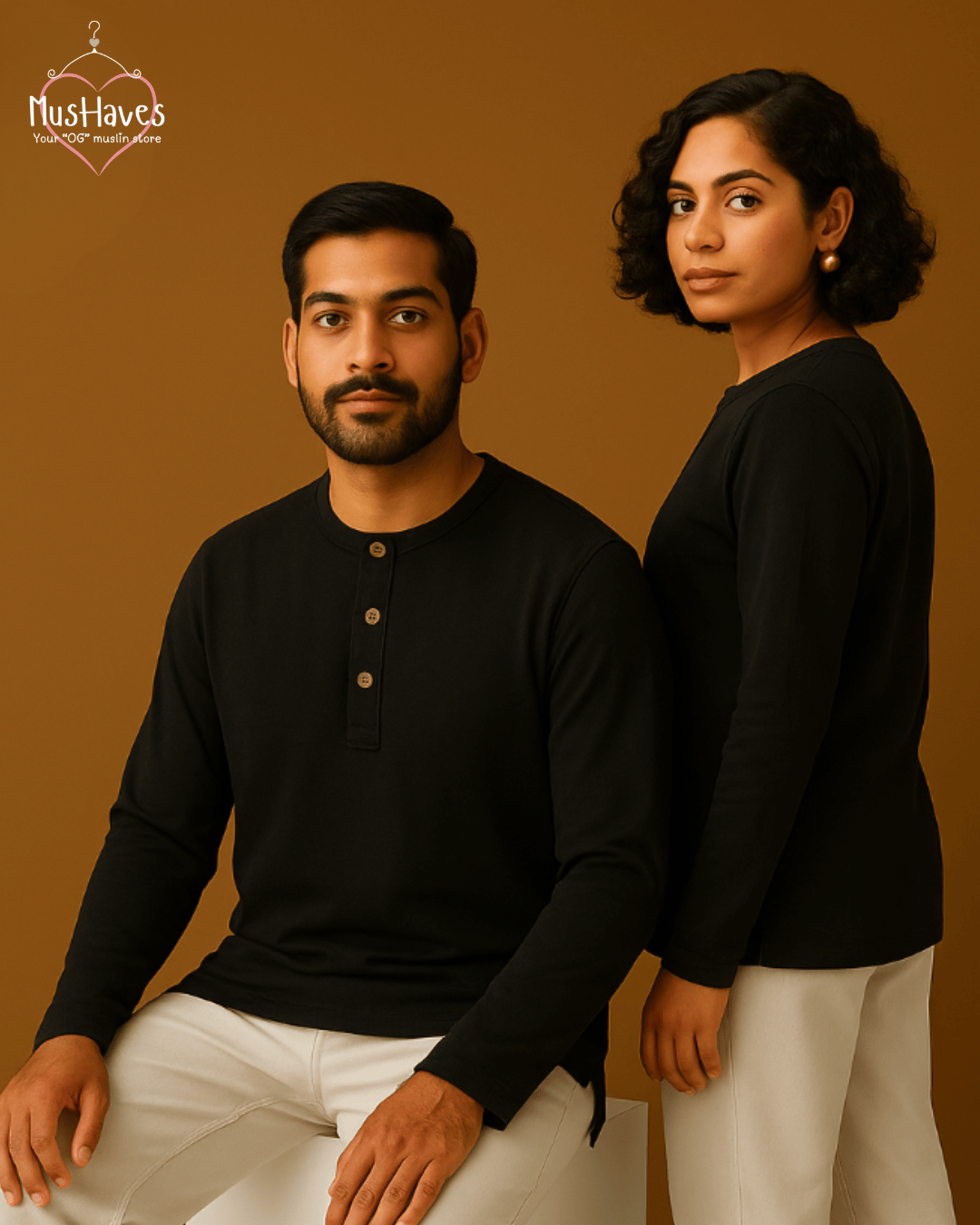 Premium Mulmul Muslin Henley Tee | 100% Organic Cotton | Unisex | Mushaves Classic | Charcoal Black