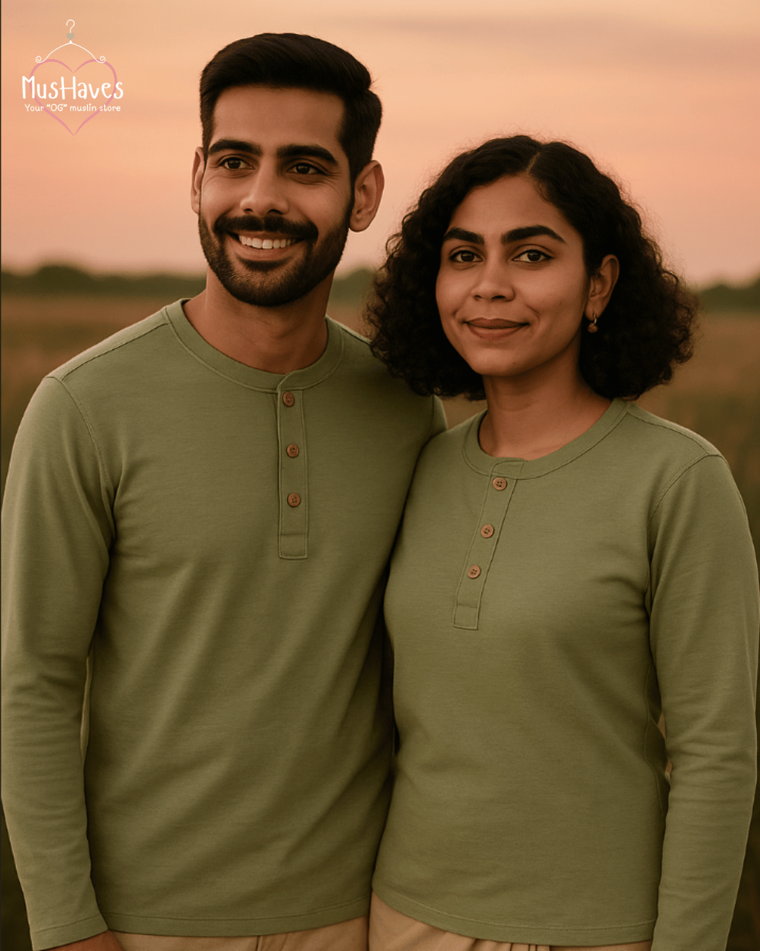 Premium Mulmul Muslin Henley Tee | 100% Organic Cotton | Unisex | Mushaves Classic | Greenish Grey