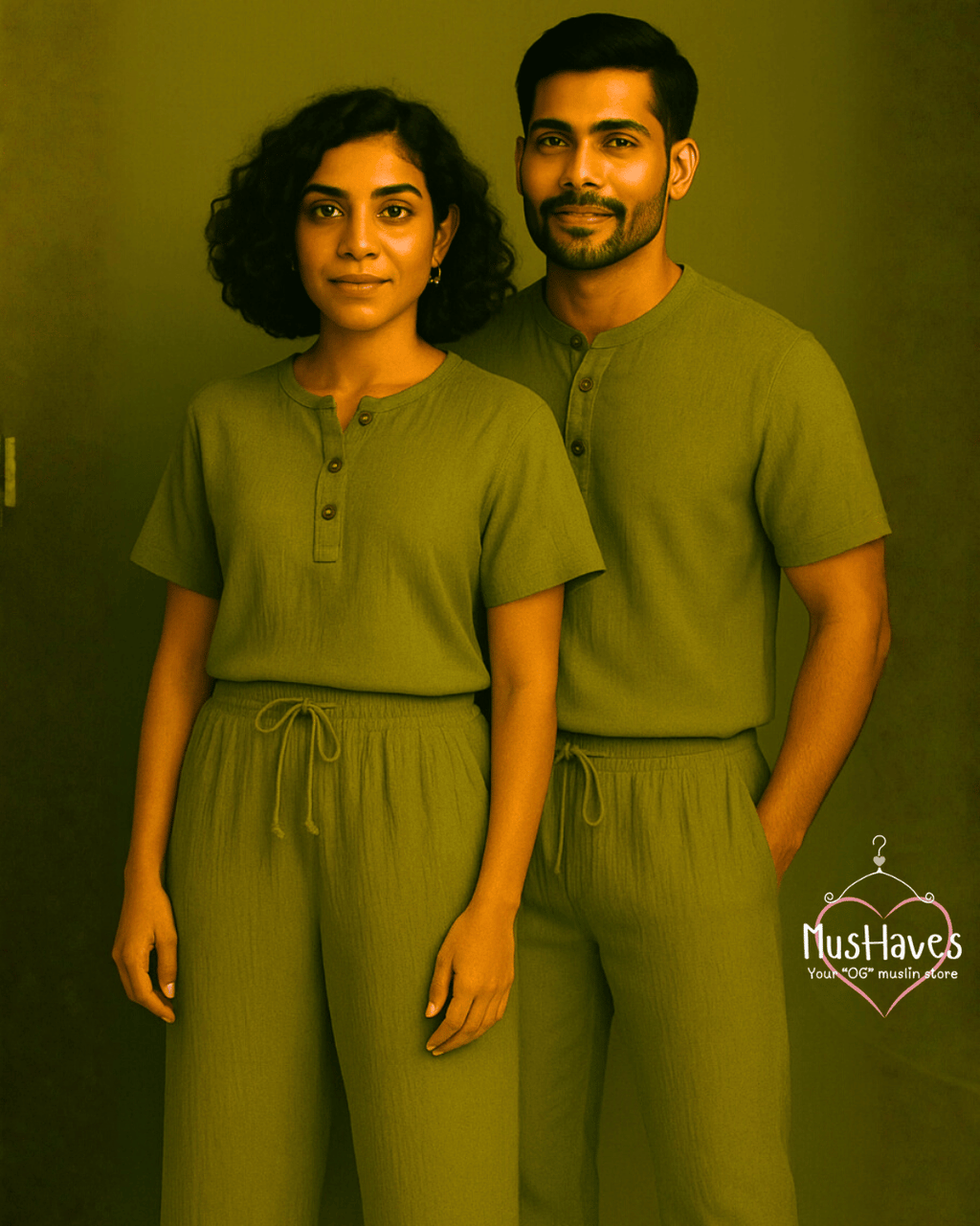 Henley Coord | Premium Muslin | Unisex | Olive Green