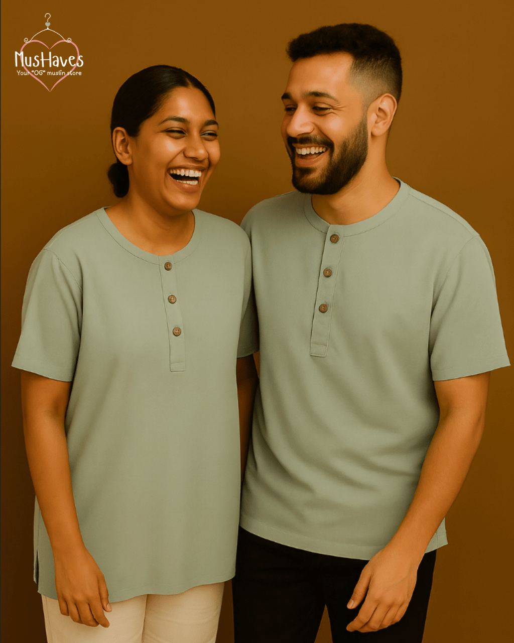 Premium Mulmul Muslin Henley Tee | 100% Organic Cotton | Unisex | Mushaves Classic | Greenish Grey