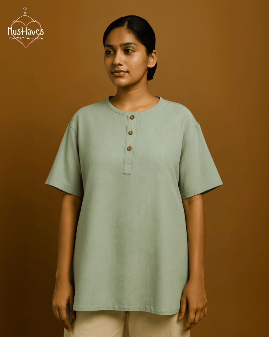 Premium Mulmul Muslin Henley Tee | 100% Organic Cotton | Unisex | Mushaves Classic | Greenish Grey