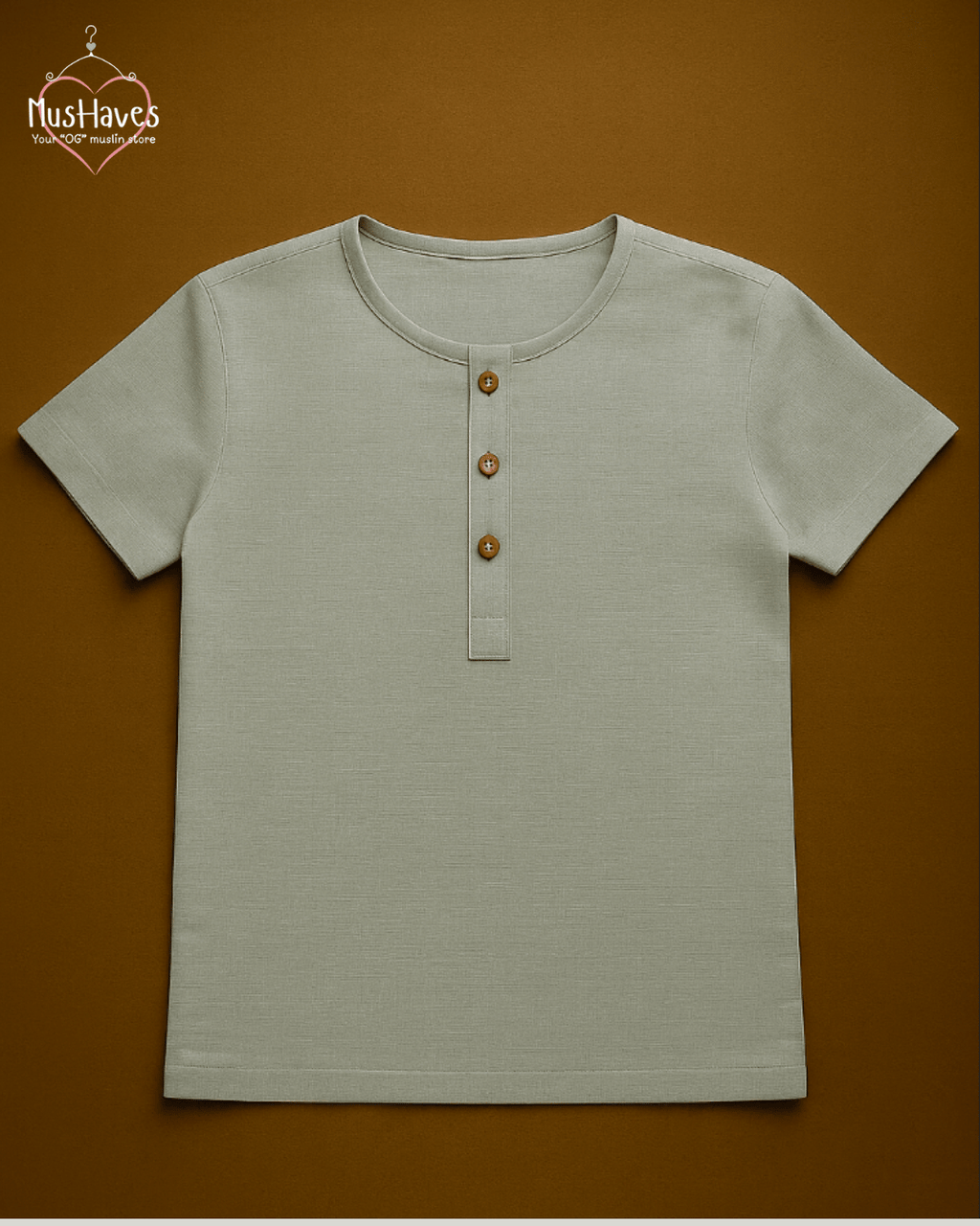 Premium Mulmul Muslin Henley Tee | 100% Organic Cotton | Unisex | Mushaves Classic | Greenish Grey