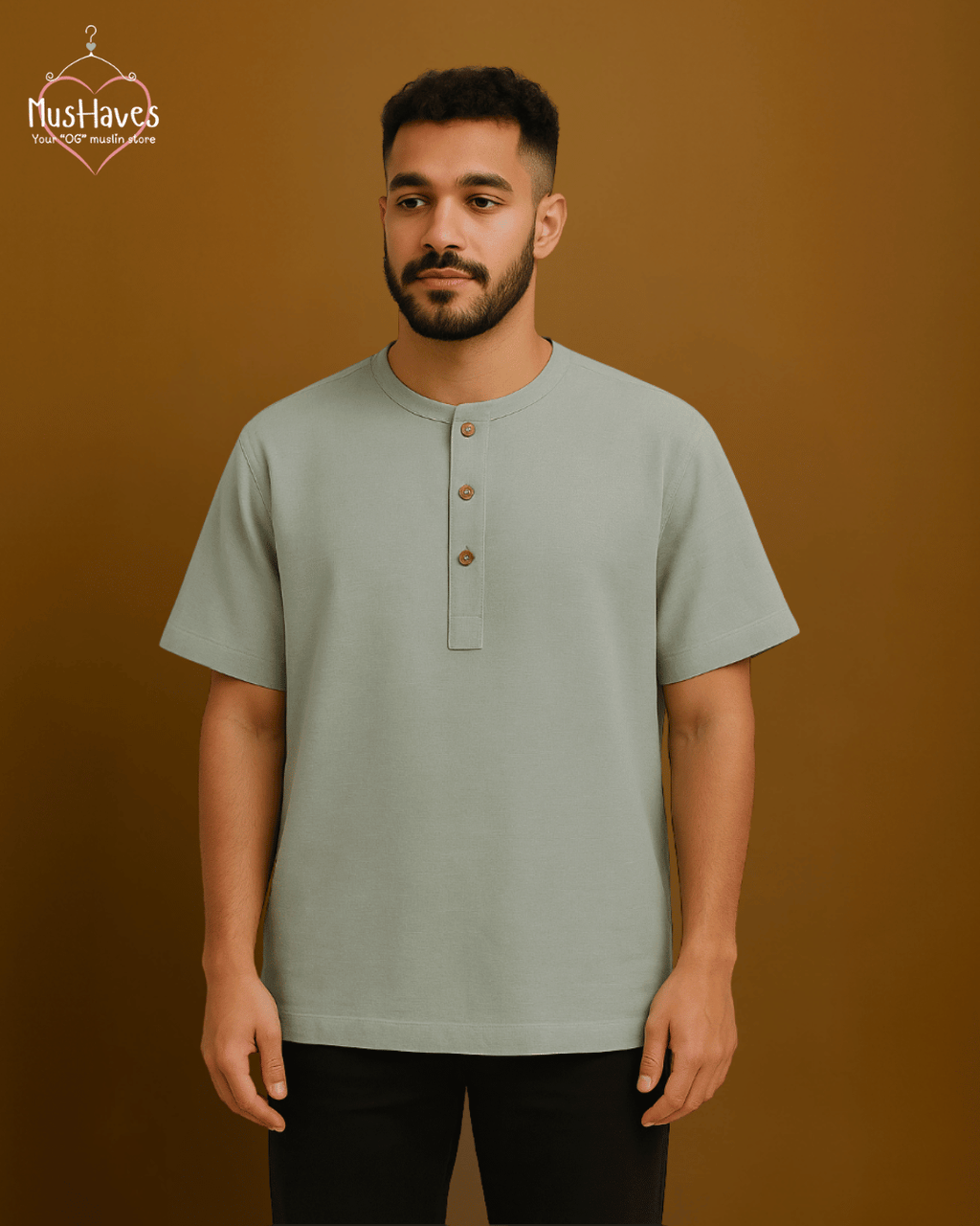 Premium Mulmul Muslin Henley Tee | 100% Organic Cotton | Unisex | Mushaves Classic | Greenish Grey