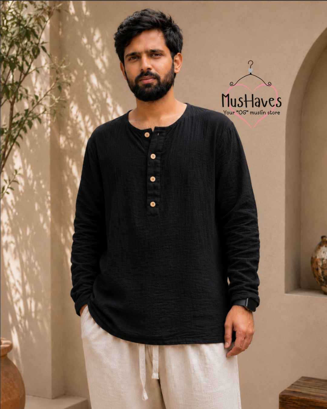 Classic Muslin Henley – Charcoal Black