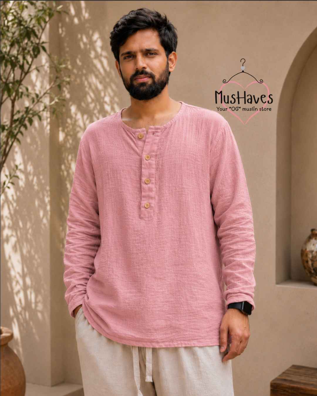 Classic Muslin Henley – Dust Rose