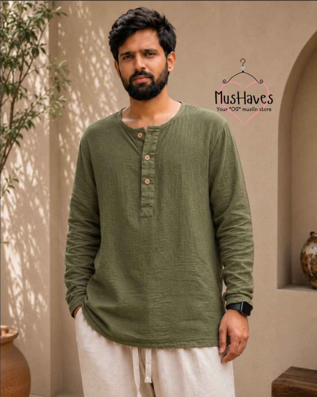 Classic Muslin Henley – Olive Green