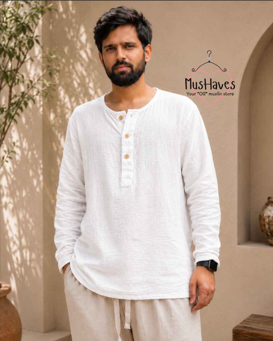 Classic Muslin Henley – Pearl White