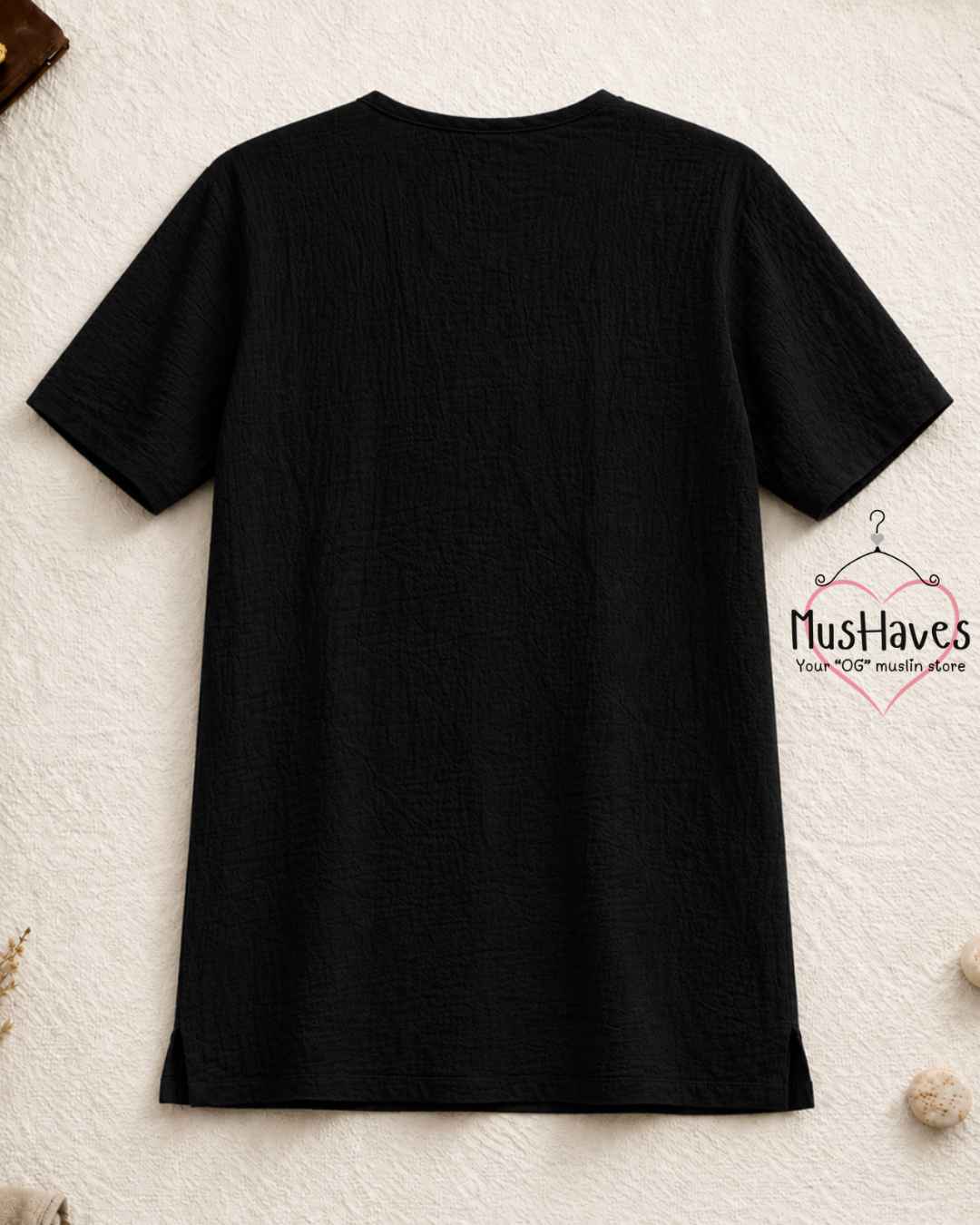 Classic Muslin Henley – Charcoal Black