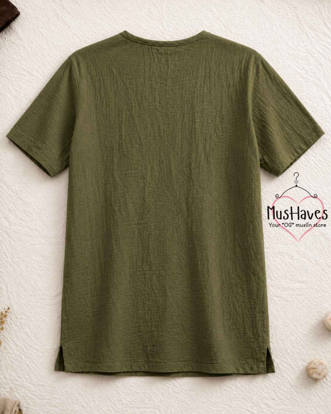 Classic Muslin Henley – Olive Green