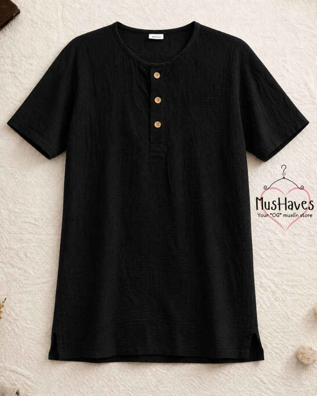 Classic Muslin Henley – Charcoal Black