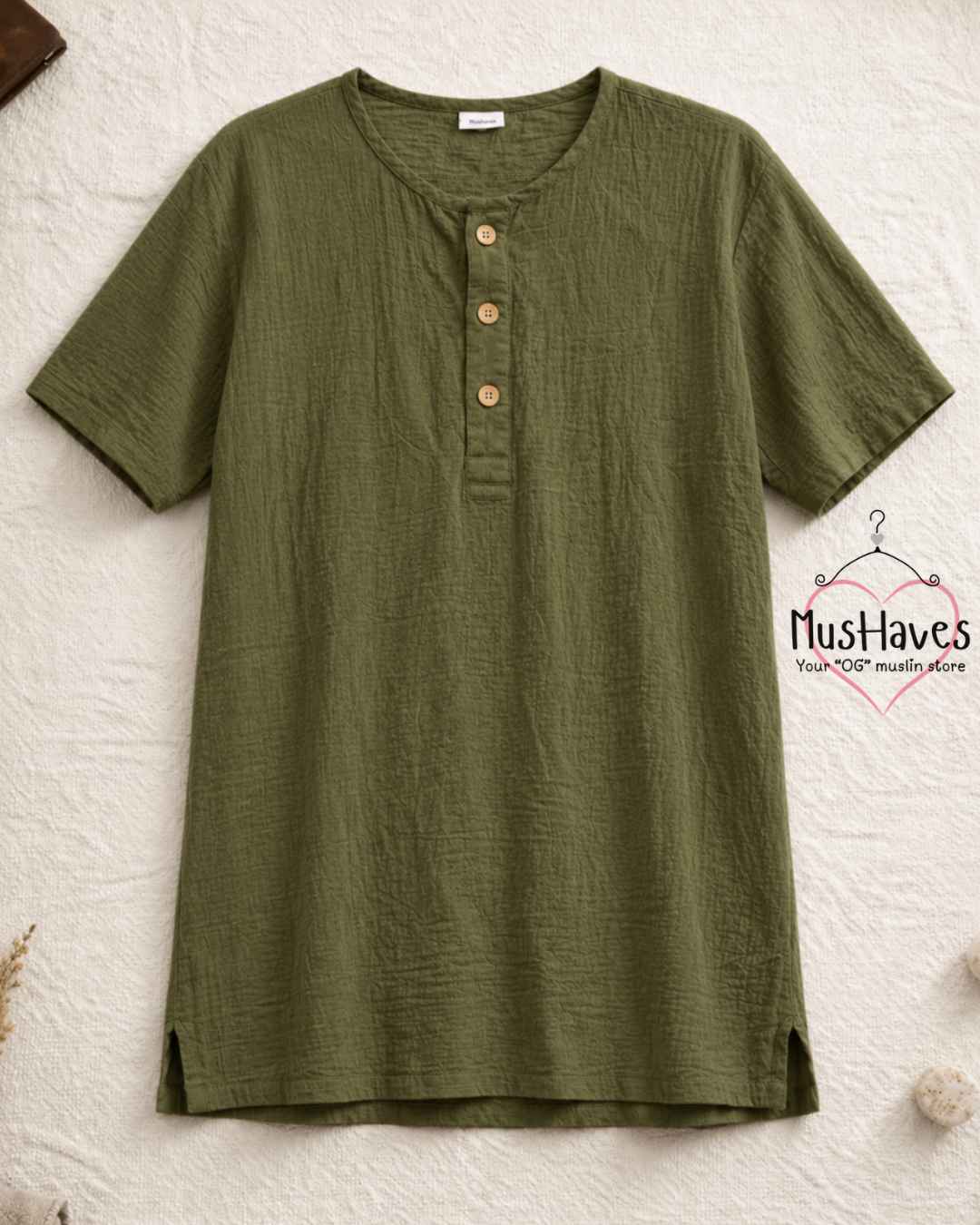 Classic Muslin Henley – Olive Green