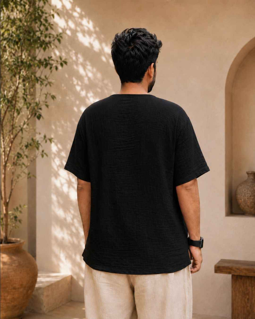 Classic Muslin Henley – Charcoal Black