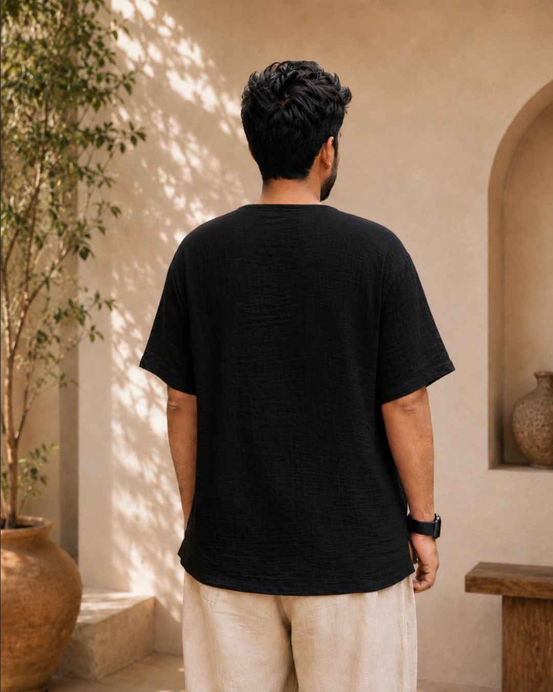 Classic Muslin Henley – Charcoal Black