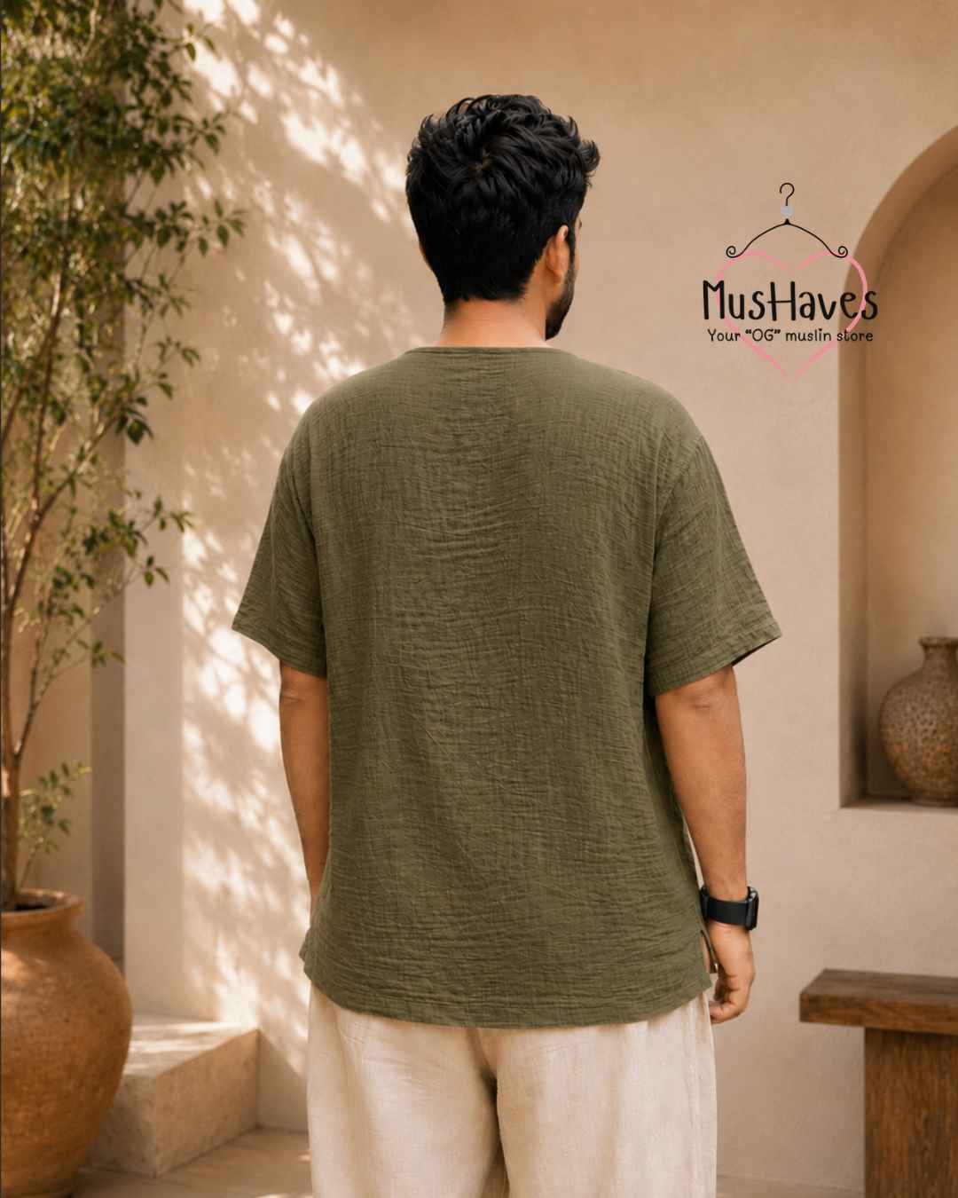 Classic Muslin Henley – Olive Green